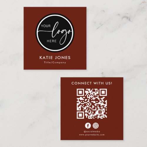 QR Code Dark Red Custom Logo Connect with Us Square Business Card