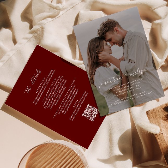QR Code Dark Red Overlay Photo Script Wedding Invitation (Creator Uploaded)