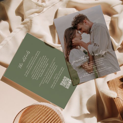 QR code Deep Sage Green Photo Script Wedding Invitation