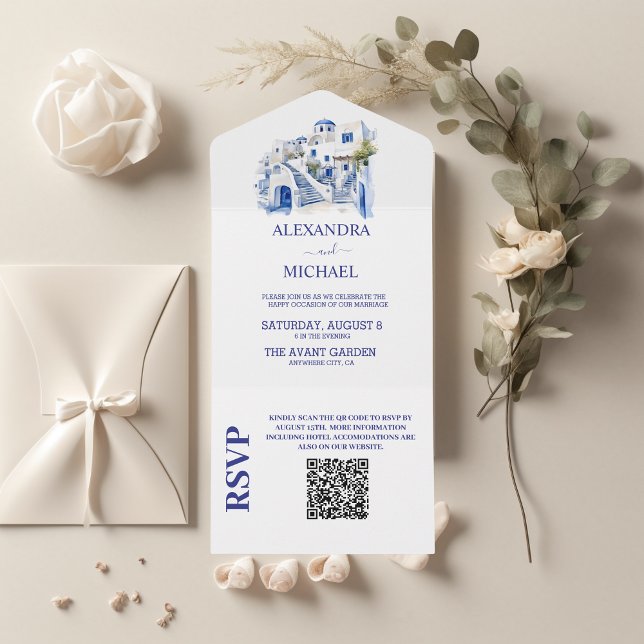 Qr Code Destination Greece Santorini Wedding All In One Invitation (Creator Uploaded)