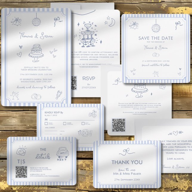QR Code Doodle Hand Drawn French Blue Wedding Save The Date (Creator Uploaded)