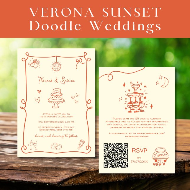 QR Code Doodle Hand Drawn Verona Sunset Orange Invitation (Creator Uploaded)