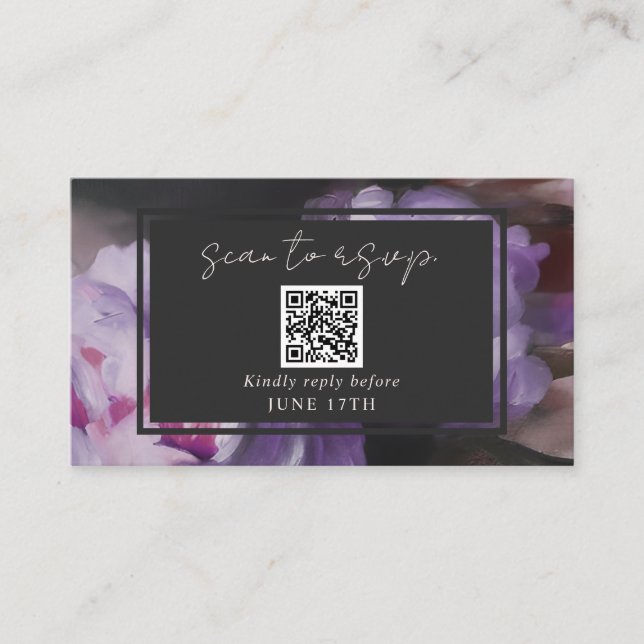 QR Code Dramatic Wedding RSVP Purple Floral Gray Enclosure Card (Front)
