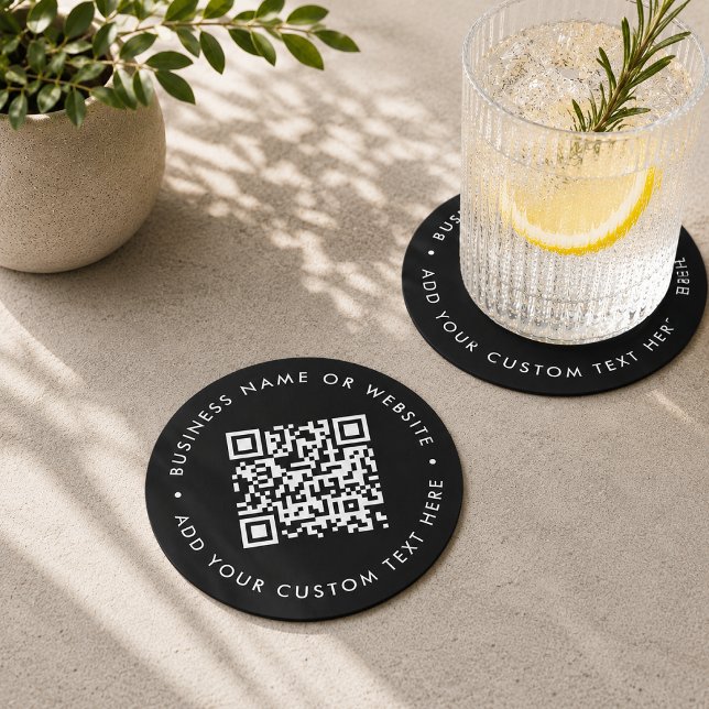 QR Code Drinks Coaster | Black Business Promo (Custom black QR code coaster for website links, menus, bookings, reviews, and promos.)