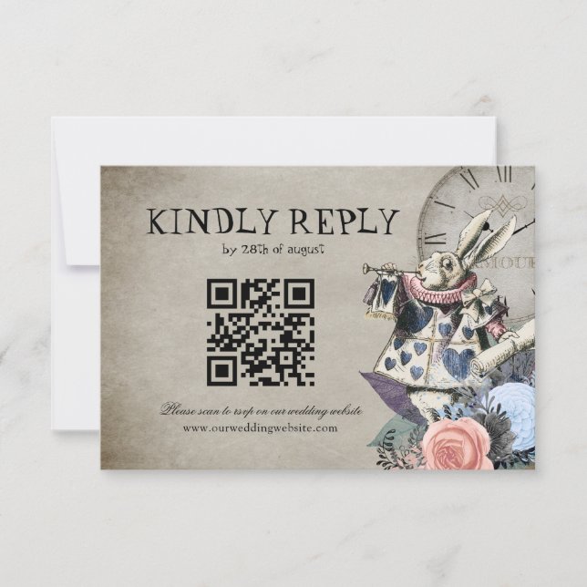 QR Code Dusty Blue Alice in Wonderland Wedding RSVP Card (Front)