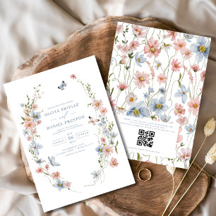 QR Code Dusty Blue Blush Pink Wildflower Wedding Invitation