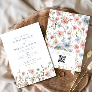 QR Code Dusty Blue Blush Pink Wildflower Wedding Invitation