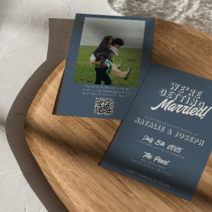 QR Code Dusty Blue Bold Funky Photo Fun Wedding  Invitation