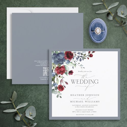 QR Code Dusty Blue Burgundy Red Floral Watercolor Invitation