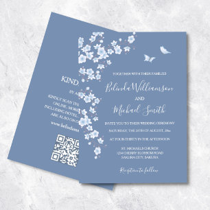 QR Code   Dusty Blue Cherry Blossom   Wedding Invitation