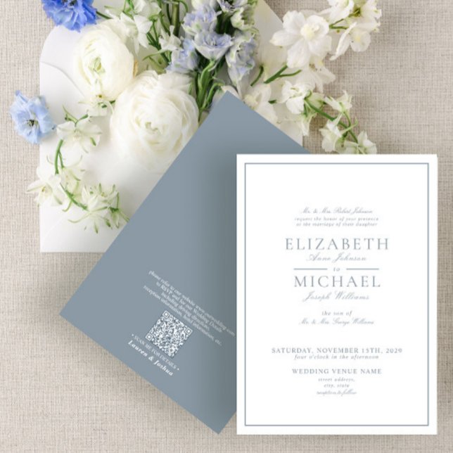 QR Code Dusty Blue Classic Script Wedding Invitation (Creator Uploaded)