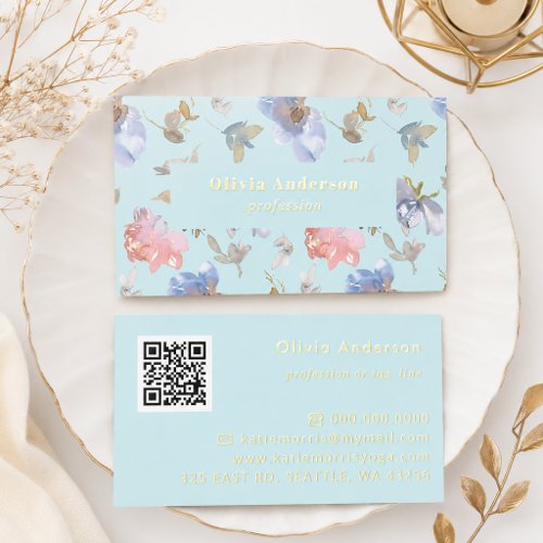 QR code Dusty Blue Coral Floral Feminine Chic Foil Business Cards