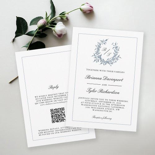 QR Code Dusty Blue Crest Monogram Wedding Invitation