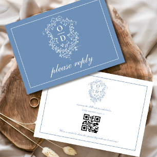 QR Code Dusty Blue Crest Monogram Wedding RSVP Card