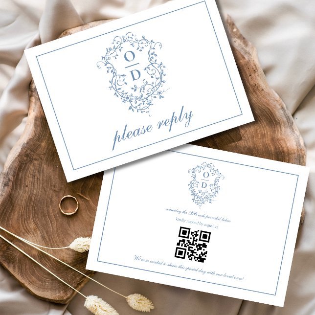 QR Code Dusty Blue Crest Monogram Wedding RSVP Card (Creator Uploaded)
