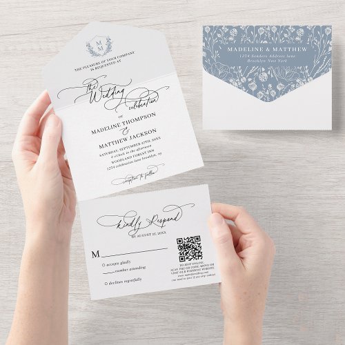 QR Code Dusty Blue Floral Crest Monogram Wedding All In One Invitation