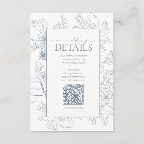 QR Code Dusty Blue Floral Wedding Details Enclosure Card