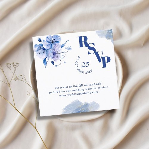 QR Code Dusty Blue Gold Wedding Website RSVP Cards