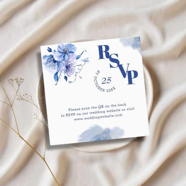 QR Code Dusty Blue Gold Wedding Website RSVP Cards (Creator Uploaded)