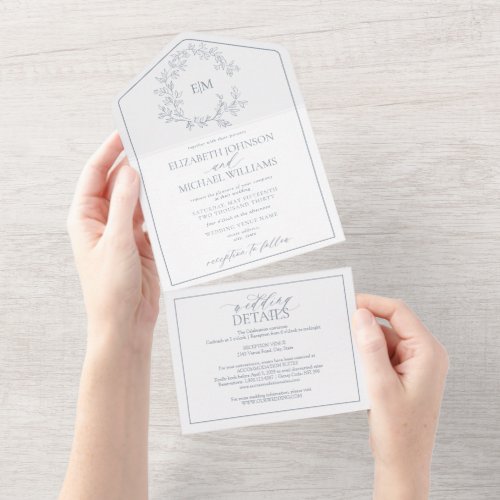 QR Code Dusty Blue Leafy Crest Monogram Wedding All In One Invitation