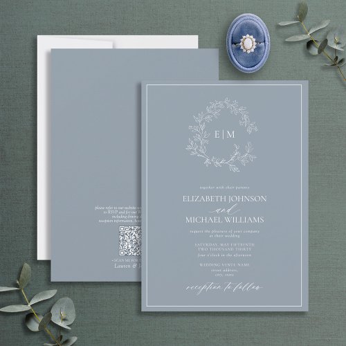 QR Code Dusty Blue Leafy Crest Monogram Wedding Invitation