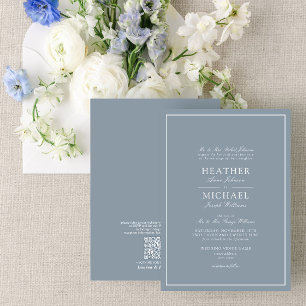 QR Code Dusty Blue Leafy Crest Monogram Wedding Invitation
