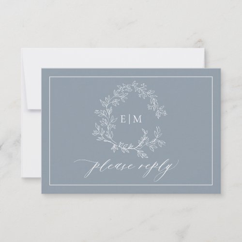 QR Code Dusty Blue Leafy Crest Monogram Wedding RSVP Card