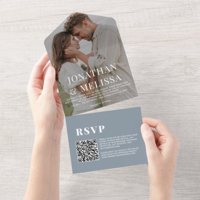 QR Code | Dusty Blue Simple Overlay Photo Wedding All In One Invitation (Tearaway)