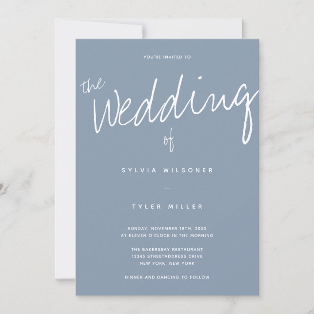 QR Code Dusty Blue Typography Wedding Invitation (Front)