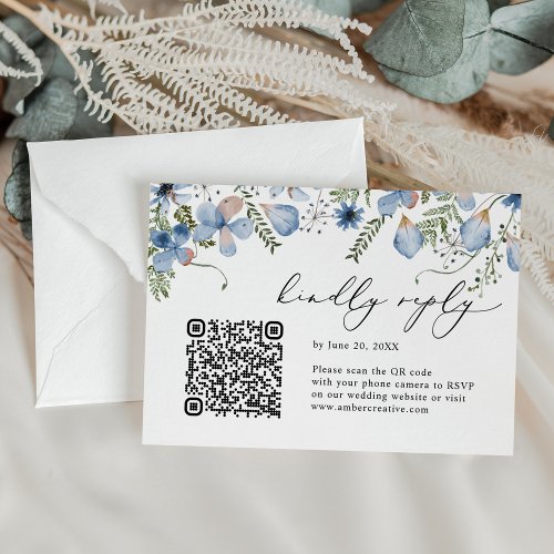 QR code Dusty Blue Watercolor Floral Wedding  RSVP Card