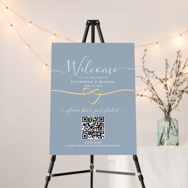 QR Code Dusty Blue Wedding Welcome Foam Board (In Situ (Stand))