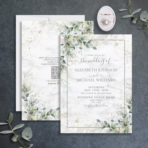 QR Code Dusty Eucalyptus Botanical Gold Greenery Invitation