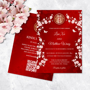 QR Code Dusty Pink Oriental Flower Chinese Wedding Invitation