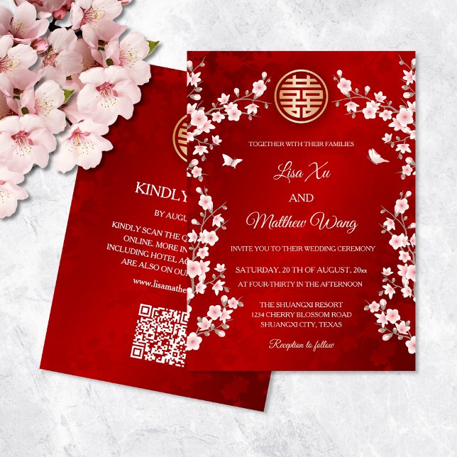 QR Code Dusty Pink Oriental Flower Chinese Wedding Invitation (Creator Uploaded)