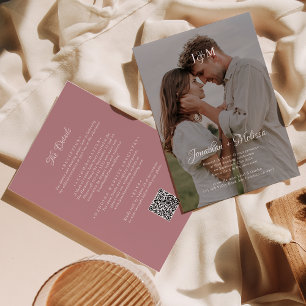 QR Code Dusty Rose Budget Monogram Overlay Wedding Invitation