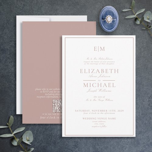 QR Code Dusty Rose Classic Script Monogram Wedding Invitation