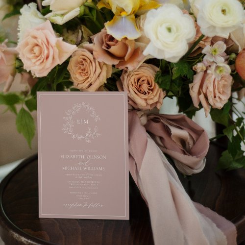 QR Code Dusty Rose Leafy Crest Monogram Wedding Invitation