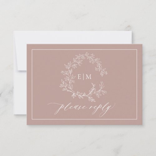 QR Code Dusty Rose Leafy Crest Monogram Wedding RSVP Card