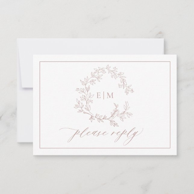 QR Code Dusty Rose Leafy Crest Monogram Wedding RSVP Card (Front)