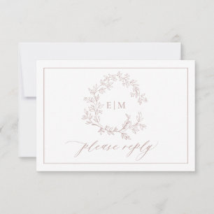 QR Code Dusty Rose Leafy Crest Monogram Wedding RSVP Card
