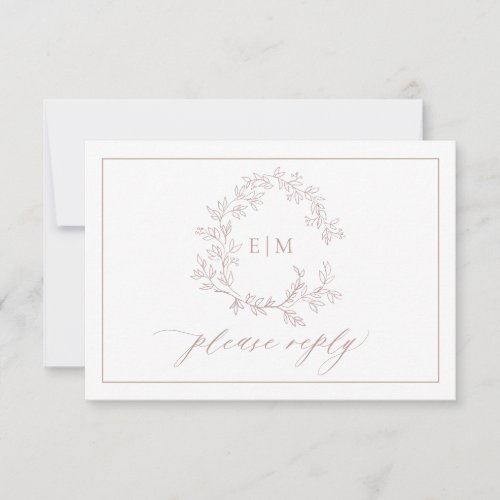 QR Code Dusty Rose Leafy Crest Monogram Wedding RSVP Card