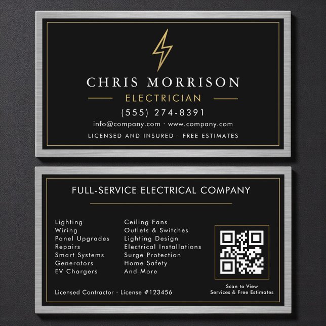 QR Code Electrician Electrical Contractor Metal  Business Card (Creator Uploaded)