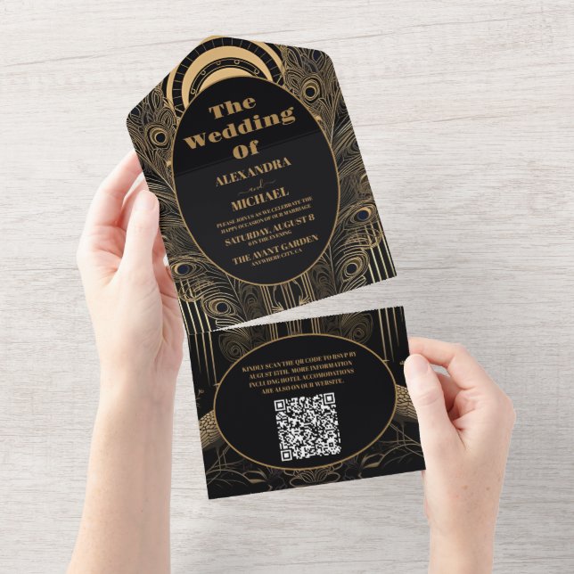 QR Code Elegant Art Deco Peacocks Wedding All In One Invitation (Tearaway)