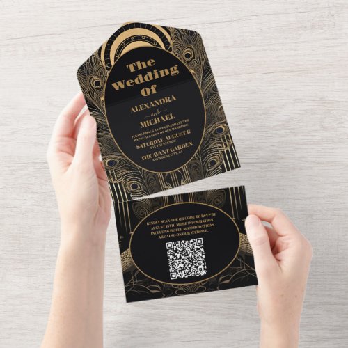 QR Code Elegant Art Deco Peacocks Wedding All In One Invitation