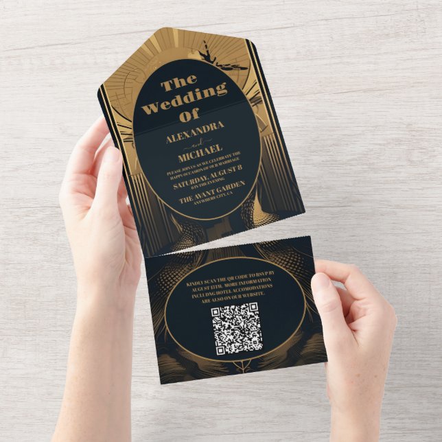 QR Code Elegant Art Deco Peacocks Wedding All In One Invitation (Tearaway)