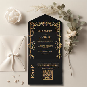 QR Code Elegant Art Nouveau Wedding All In One Invitation
