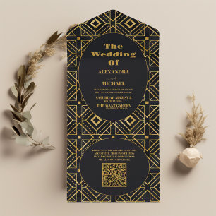 QR Code Elegant Black and Gold Art Deco Wedding  All In One Invitation