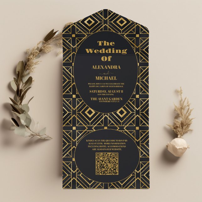 QR Code Elegant Black and Gold Art Deco Wedding  All In One Invitation (Creator Uploaded)