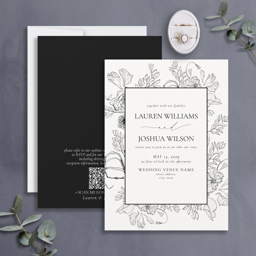 QR Code Elegant Black White Floral Line Art Invitation
