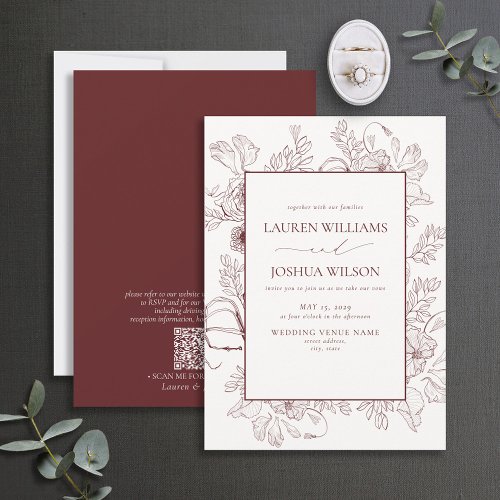 QR Code Elegant Burgundy Floral Line Art Wedding Invitation